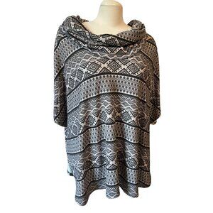 G Collection Tribal Cowl Neck Tunic Blouse Sz Large Wide Short Sleeve Grey & Bla